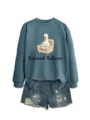 Casual women long sleeve cute duck graphic sweatshirt and distressed denim shorts set - S / Top (Black Text Color Graphic) / Blue