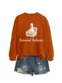 Orange long-sleeve sweatshirt featuring a cute duck reading graphic and letter print. - S / Tops / Rust Orange (White Graphic)