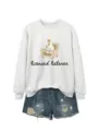 Casual funny cute duck graphic print long sleeve crewneck sweatshirt with denim shorts set. - S / Tops / Off-White