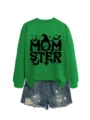 Women green long sleeve sweatshirt with cute Halloween witch hat graphic and mom ster text. - S / Tops / Grass Green (Black Pattern)