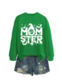 Women Halloween graphic sweatshirt featuring MOM STER print with distressed denim shorts detail. - S / Tops / Grass Green (White Print)