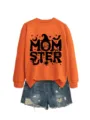 Oranger Halloween Damen Sweatshirt Rundhalsausschnitt langarm Lässiges Oberteil mit Grafik - S / Oberteile / Oranges Sweatshirt (Schwarzes Textmuster)