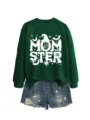 Grüner Damen Halloween Pullover mit Monster Print und Jeansshorts Set für den Herbst. - S / Oberteile / Dunkelgrün
