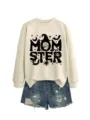 Damen halloween sweatshirt freizeit langarm rundhals pullover mit gruseligem print match denim shorts - S / Oberteile / Sandfarben
