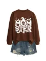 Damen Halloween Momster Sweatshirt Vintage Hexenhut Spinnennetz Grafik Casual Langarm Pullover - S / Oberteile / Kaffeebraunes Sweatshirt (Weißes Textmuster)