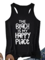 Zwarte dames tanktop met strand thema letter print, comfortabele casual zomertop. - S / Tops / Zwart