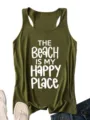 Legergroene dames tanktop met stijlvolle strandthema tekstprint voor casual zomerkleding. - Legergroen