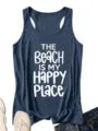 Donkerblauwe dames racerback tanktop met schattige witte strand citaat grafische print. - Marineblauw