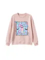 Detailed view of a cute pastel iridescent bow ghost graphic on a pink cozy sweatshirt. - Lotus root pink