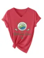 T-shirt femme rouge col V manches courtes avec imprime graphique de golf et bas noue decontracte. - Rouge