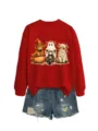 Set felpa rossa grafica mucca Highland e pantaloncini di jeans per donna stile autunnale. - Taglia S / Top / Rosso