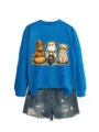Felpa grafica con mucca delle Highland di Halloween con shorts di jeans, stile casual. - Taglia S / Top / Blu lago