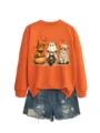 Felpa con stampa di mucca delle Highland di Halloween e pantaloncini di jeans - Taglia S / Top / Arancione