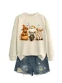 Donna simpatico Halloween mucca delle Highland stampa felpa girocollo con pantaloncini. - Taglia S / Top / Colore sabbia