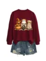 Felpa grafica con simpatica mucca delle Highland di Halloween da donna con pantaloncini. - Taglia S / Top / Borgogna