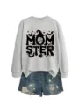 Lässiger Damen Langarm Pullover mit Halloween Hexenhut Spinnennetz Print und Jeansshorts - S / Oberteile / Rosa Sweatshirt (Schwarzes Textmuster)