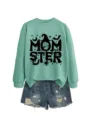 Damen süßer Halloween Pullover mintgrün lässiges Langarmshirt mit Jeansshorts Outfit Set - S / Oberteile / Hellgrünes Sweatshirt (Schwarzes Textmuster)