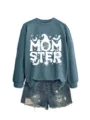 Damen Halloween Rundhals Sweatshirt mit Destroyed Jeansshorts Lässiges Herbst Outfit Set - S / Oberteile / Blaues Sweatshirt (Weißes Textmuster)