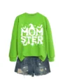 Gruener Halloween Momster Pullover kombiniert mit destroyed Jeansshorts Damen Alltag - S / Oberteile / Neongrünes Sweatshirt (Weißes Muster)