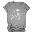 Detailed view of grey women short sleeve t shirt featuring white Salty palm tree graphic print. - S / Tops / Dark Gray