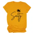 Casual women round neck short sleeve T-shirt featuring salty palm tree graphic print in mustard yellow. - S / Tops / Mustard Yellow (Black Font)