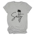 Casual women's short sleeve t-shirt with salty palm tree graphic print, comfortable top. - S / Tops / Light Gray (Black Font)