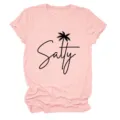 Casual women pink short sleeve t-shirt featuring salty palm tree graphic print detail. - S / Tops / Pink (Black Font)