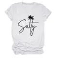 Close-up detail of women white short sleeve t-shirt featuring Salty palm tree print graphic. - S / Tops / Sand