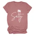 Women casual short sleeve t-shirt with salty palm tree print crew neck comfortable basic top - S / Tops / Rose Gold (White Font)
