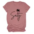 Women casual crew neck short sleeve t shirt summer graphic tee with salty palm tree print - S / Tops / Rose Gold (Black Letters)