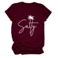 Women casual burgundy short sleeve t-shirt with salty palm tree print summer crewneck top - S / Tops / Wine Red (White Letters)