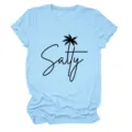 Casual women's light blue short sleeve t-shirt featuring stylish salty palm tree print. - S / Tops / Light Blue (Black Font)