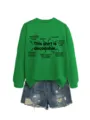 Casual women's green long sleeve sweatshirt paired with stylish denim shorts, perfect for daily wear. - S / Tops / Grass Green Sweatshirt (Black Font)