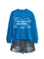 Blue long-sleeve sweatshirt with educational English text and denim shorts outfit. - S / Tops / Lake Blue Sweatshirt (White Font)