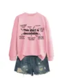 Women long sleeve pink sweatshirt with educational grammar text print, casual stylish pullover. - S / Tops / Pink Sweatshirt (Black Font)