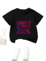 Λεπτομερης οψη παιδικου μαυρου t-shirt κοντομανικου με τυπωμα σλογκαν και αξεσουαρ. - 90cm / Tops / Μαύρο