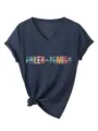 Casual dames V-hals korte mouw t-shirt met grafische opdruk en stijlvolle knoopzoom. - S / Tops / Marineblauw