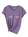 Dames casual V-hals korte mouw T-shirt met phlebotomist grafische print en stijlvolle knoopzoom. - S / Tops / Paars