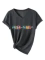 Dames casual V-hals korte mouw T-shirt met kleurrijke letterprint voor comfortabel dragen. - S / Tops / Zwartgrijs Gemêleerd
