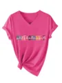 Roze V-hals korte mouw dames T-shirt met phlebotomist print en knoopdetail. - S / Tops / Rozerood