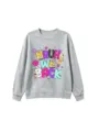 Detailed view of the fun cartoon graphic print on the casual gray cotton sweatshirt. - 110 / Tops / Light Gray