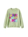 Casual green crewneck long sleeve sweatshirt featuring fun back to school graphic print. - 110 / Tops / Olive Green