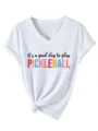 Details of the white V-neck short sleeve T-shirt with rolled cuffs and pickleball chest print. - S / Tops / White