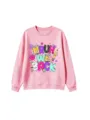 Detailed view of the pink sweatshirt featuring the colorful bruh we back cartoon print. - 110 / Tops / Pink