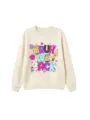 Detailed view of casual beige crewneck sweatshirt with cute back-to-school cartoon graphic print. - 110 / Tops / Sand