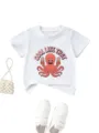 Kids cute cartoon octopus print short sleeve white t-shirt, casual summer children top. - Tops / White / 90cm