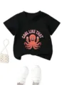 Kids black short sleeve t-shirt with cute octopus and letter print, casual children apparel - Tops / Black / 90cm