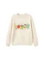 Nahaufnahme Detail von niedlichem Cartoon Schulbedarf Grafikdruck auf beigem Sweatshirt. - 110cm / Oberteile / Sandfarben