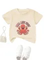 Cute kids beige short sleeve t-shirt with a fun red octopus cartoon print for casual wear. - Apricot