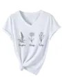 Dames witte V-hals korte mouw t-shirt met schattig bloemen grafische print detail. - Wit